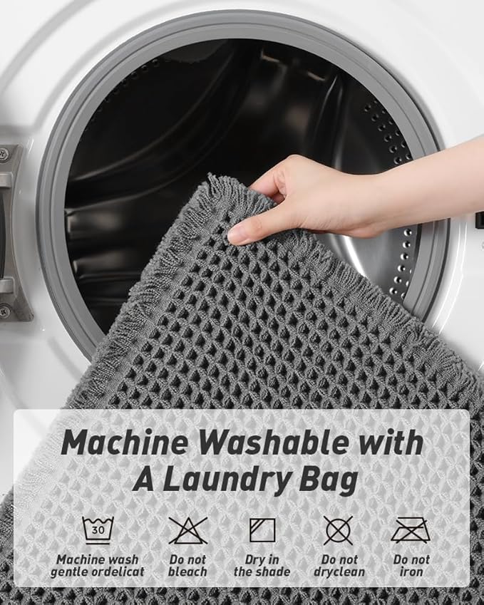 Upgraded Waffle Runner Rug Super Absorbent Non Slip Bath Mats for Bathroom Floor Machine Washable Bathroom Runner Rug with Tassels, Ideal for Hallway Bedroom Laundry Room, Dark Grey, 2'x 4'（24" x 48")