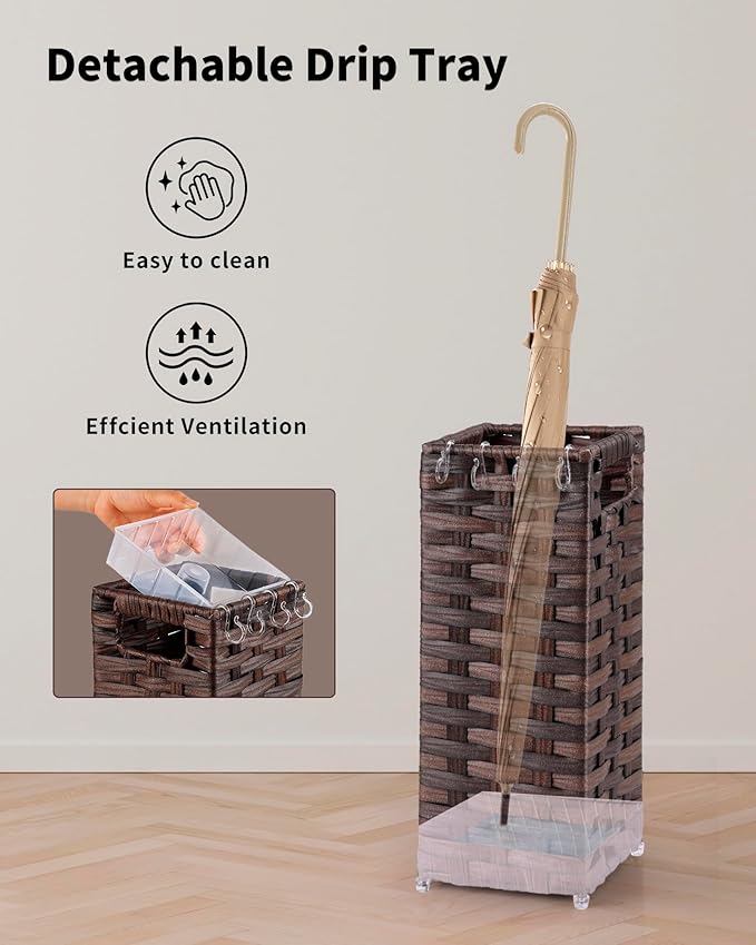 Rattan Umbrella Stand, Umbrella Holder for Entryway, Hand Woven Umbrella Rack Organizer Freestanding, with a Detachable Drip Tray, 4 Hooks, 6.5" L x 6.5" W x 16.5" H, Brown