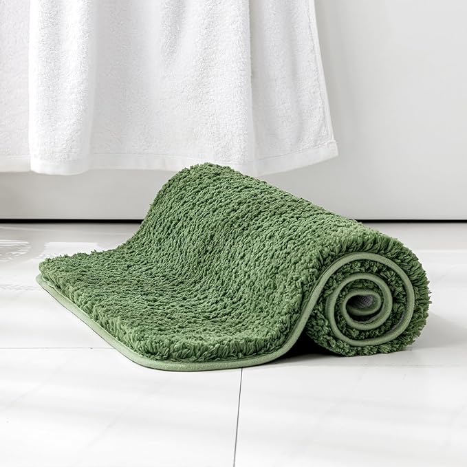 MIULEE Extra Thick Non Slip Bathroom Rug Shaggy Soft Bath Mat Plush Microfiber Absorbent Water for Shower Tub Machine Washable (Moss Green, 16x24 Inches)