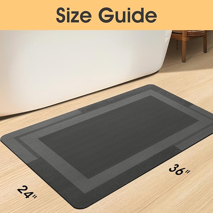Ultra Thin Bath Mat, Upgrade Backing Non Slip Thin Bath Mats Fit Under Door, Quick Dry Ultra Absorbent Bathroom Rugs, Machine Washable Bath Rugs for Bathroom, Bathtub & Kitchen, Grey/Bordered/36"x24"