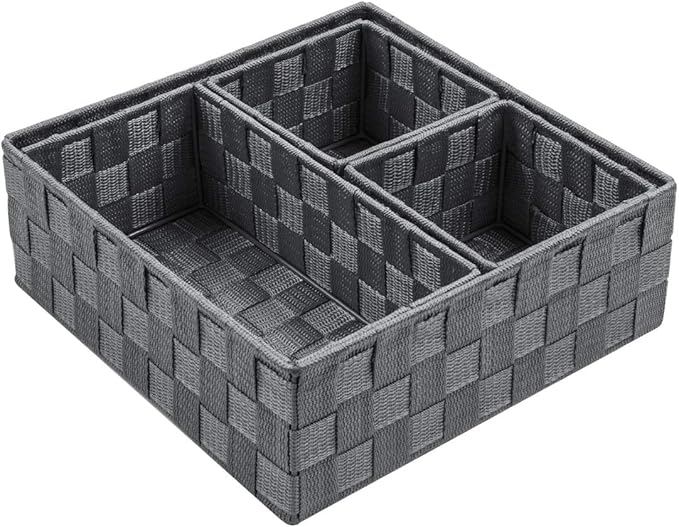 Posprica Woven Storage Baskets for Organizing, Small Baskets Cube Bin Container Tote Organizer Divider for Drawer, Closet, Shelf, Dresser, Set of 4(Dark Grey)