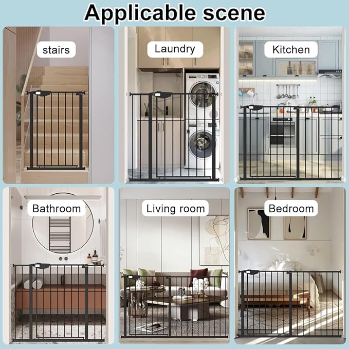 WAOWAO Triple Lock 68.11-75.98" Baby Gate Extra Wide Pressure Mounted Walk Through Swing Auto Close Safety Black Metal Dog Pet Puppy for Stairs,Doorways,Kitchen