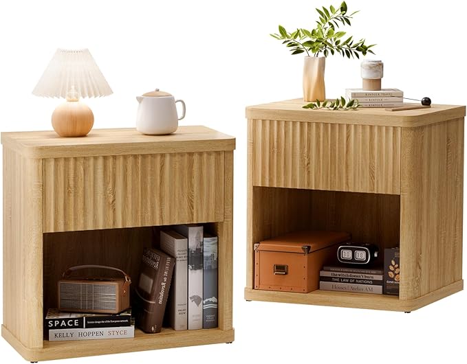 Fluted Night Stand Set 2, Large Wood Bedside Table Set of 2 Nightstands Set of 2 with Drawer and Storage Shelf for Bedroom, Small Spaces