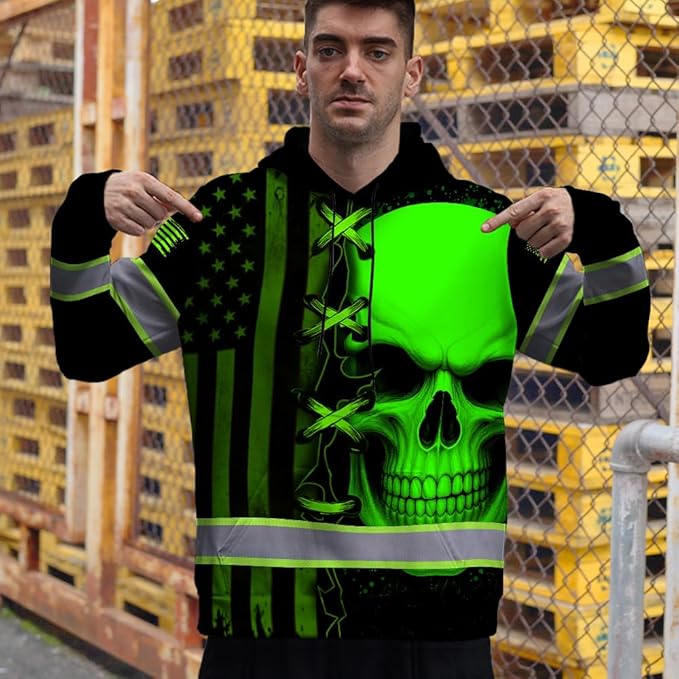 Matedecor Skull US Flag Reflective High Visibility Hoodie For Men Construction Hi Vis Safety Workwear Custom Name