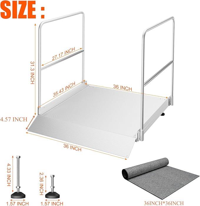 Aluminum Adjustable Threshold Ramp with Detachable Handrail for Wheelchair, 36" x 36" Doorway Ramp with 3.4"–7.2" Rise, Self-Supporting Entry Ramp for Uneven Surfaces, 880lb Capacity with Non-Slip Mat