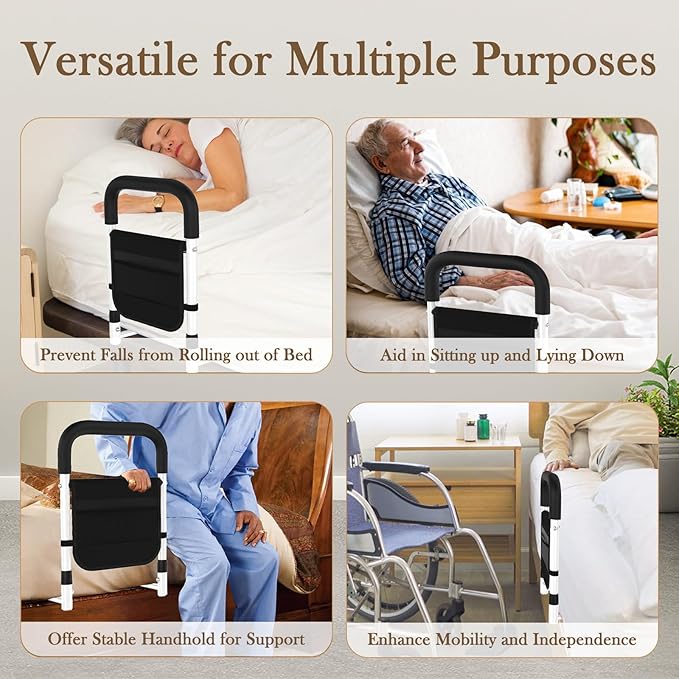 Bed Rails for Elderly Adults Safety – Bed Cane for Seniors, Grab Bar Bed Handrails with Ergonomic Handle & Storage Pocket, 17-Inch Fixed Height, Easy to Assemble, Holds up to 300lbs