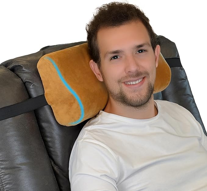 Memory Foam Headrest Pillow for Recliner – B-Shaped Neck Pillow with Stabilizer Strap, Non-Slip Backing, Soft Plush Fabric - Ultimate Neck Support and Pain Relief (Dark Brown)