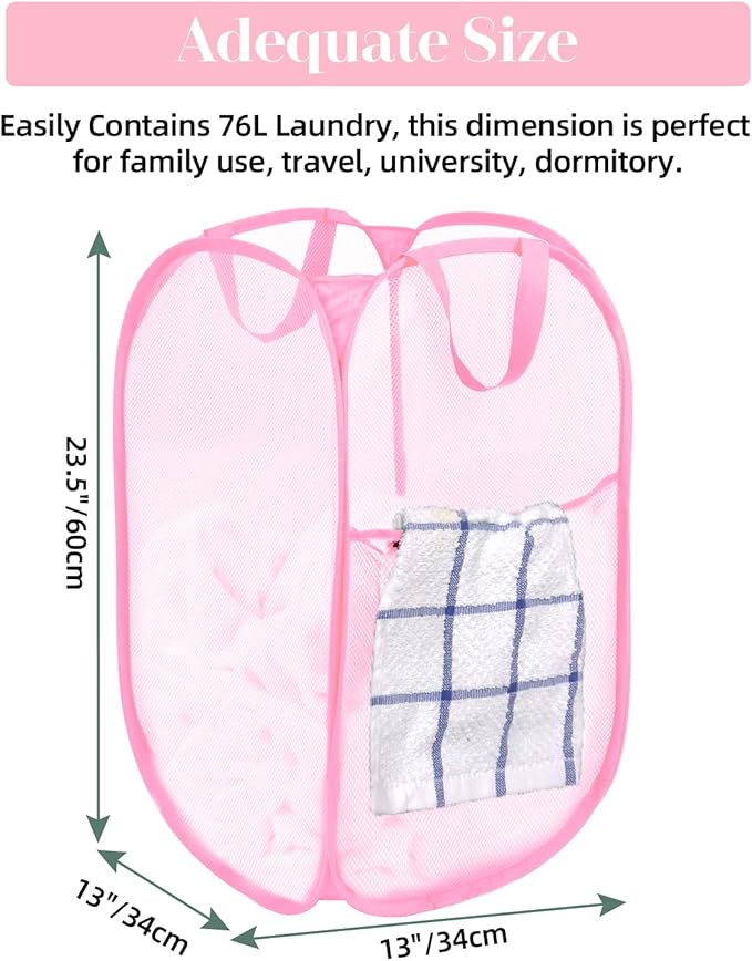 2 Pcs Durable Collapsible Laundry Baskets - Reinforced Mesh Pop Up Laundry Hamper with Pocket, Foldable Dirty Clothes Hamper with Carry Handles for Laundry, Bathroom, Kids Room, Dorm or Travel Pink