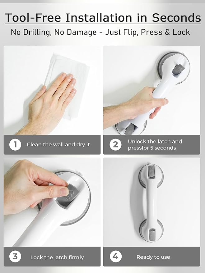 Shower Grab Bars for Seniors, Suction Grab Bars for Shower with Strong Hold, Shower Handles for Elderly Suction, No-Drill Safety Bathroom Support 2 Pack