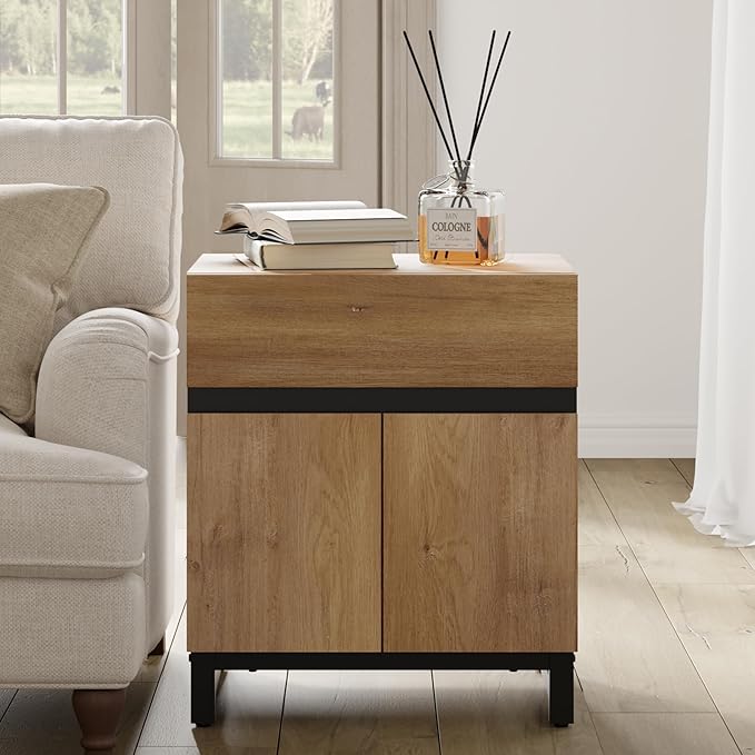 WAMPAT 2 Pack Modern End Table with 1 Drawer & 1 Storage Cabinet, Farmhouse Sofa Table with 2 Open Door, Wood Rustic Side End Table for Living Room, Nighstand for Bedroom, Oak