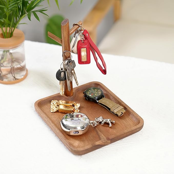 Wooden Key Holder with Tray, Multifunctional Key Chain Display Stand & Key Tray for Entryway Table, Rustic Home Organizer