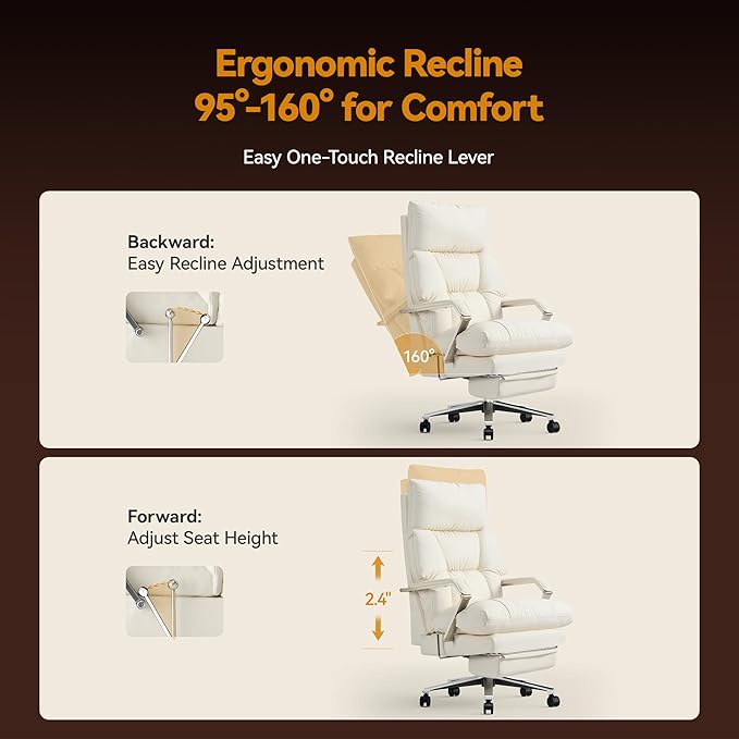 Reclining Office Chair with Footrest - 25.6" Wide Seat & Adjustable Seat Depth, Big and Tall High Back Leather Executive Home Office Desk Chair 400lbs, Cream