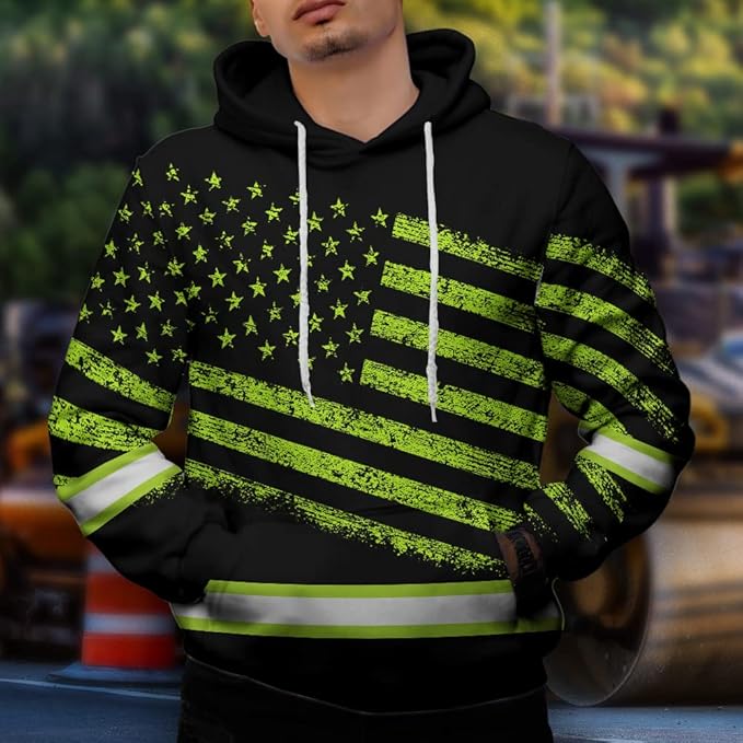 US Flag High Visibility Hoodie for Men Reflective Hoodie Safety Workwear for Worker Runner Patriotic ACC02
