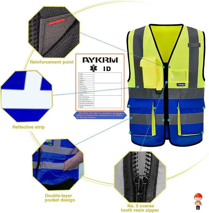 A-SAFETY Reflective Safety Vest, Hi Vis 9 Pockets High Visibility Zipper Front Safety Vest, Yellow&Blue Color Mixed, L