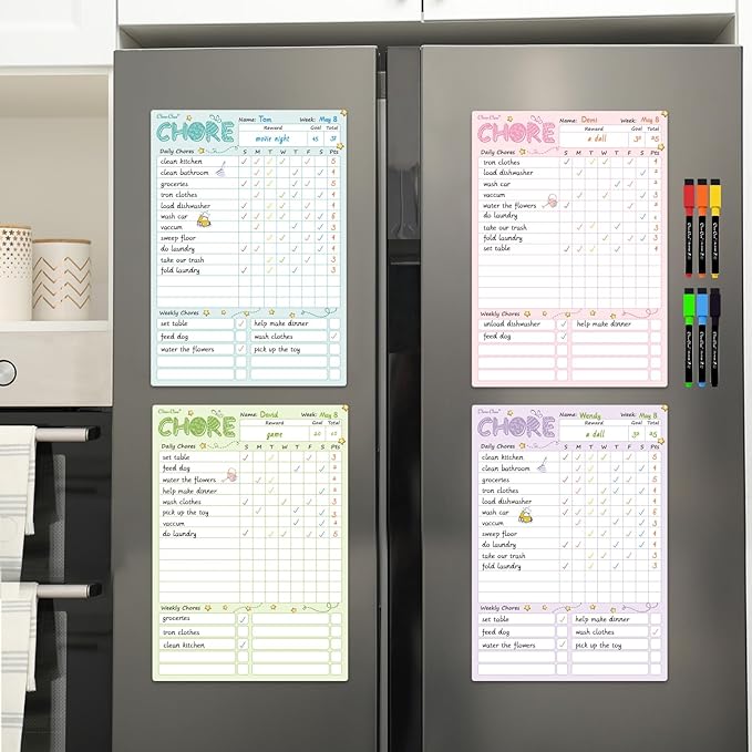 Magnetic Dry Erase Chore Chart - 8.5"x12" Behavior Responsibility Chore Board for Kids, Teenagers - 6 Extra Fine Point Markers Included - Shipped Flat 4 Pcs