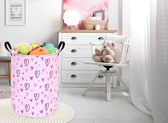 19.7" Round Pink Valentine's Day Laundry Clothes Hamper Laundry Basket with Handles,Storage Organizer Bins Laundry Gift Basket for Room, Bedroom Decor