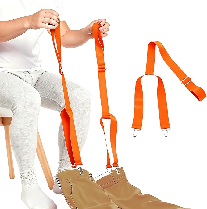 2-Pack Dressing Aid Clips for Pants – One-Hand Pants Assist Tool for Elderly, Disabled & Post-Surgery – Adjustable 26"-41" Metal Clip with Nylon Strap (Orange)