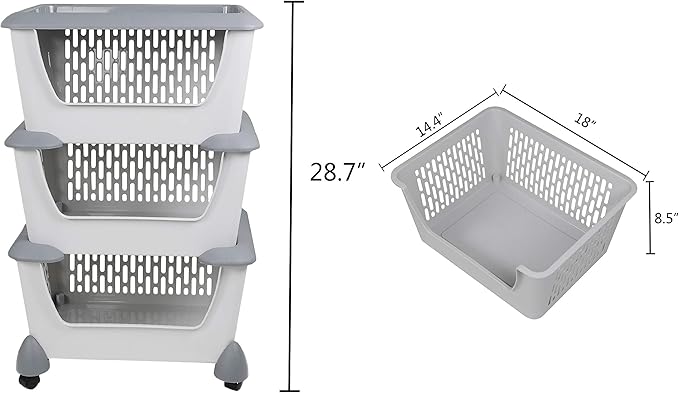 Gray Plastic Stacking Organizer Basket with Wheels, 3-Tier Multi-function Stackable Storage Basket