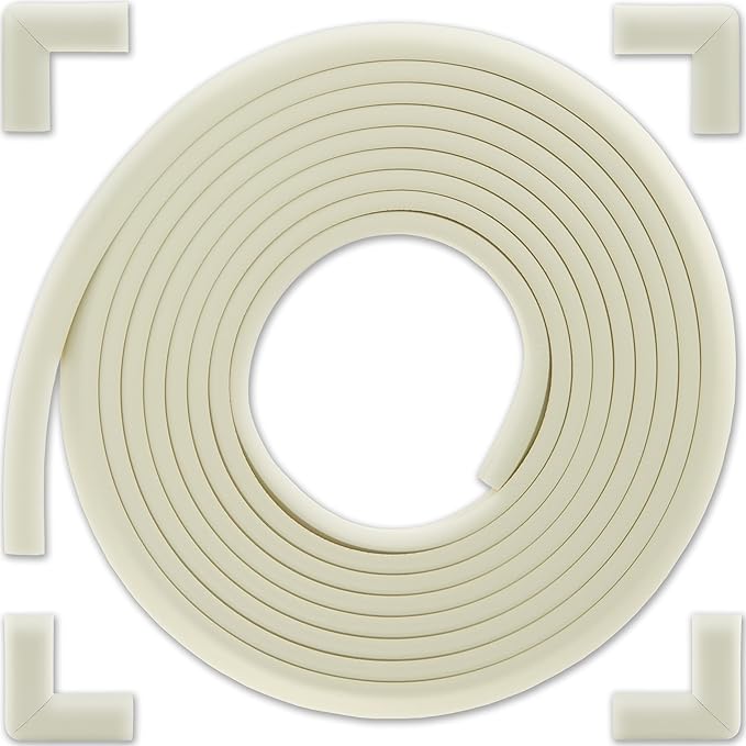Bebe Earth Baby Proofing Edge and Corner Guard Protector Set for Back to School, 16.4 ft Edges & 4 Foam Corners, Furniture and Table Child Baby Proof Bumpers, Pre-Taped Corner Cushions - Oyster White