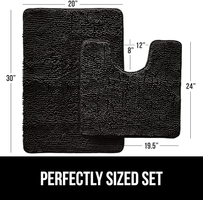 GORILLA GRIP Bathroom Rug Sets, Soft Chenille 2 Piece Area Rugs Set, Toilet Base Mat and 30x20 Carpet, Absorbent Microfiber Washable Mats Dry Quickly, Home Décor and Bath Room Accessories, Black