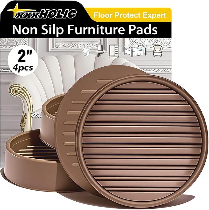 xxxHOLIC Non Slip Furniture Pads, 2” Brown Round Rubber Grippers for Hardwood Floors, Anti Skid Furniture Feet Coasters, Bed Couch Stoppers to Prevent Sliding and Scratches, Set of 4