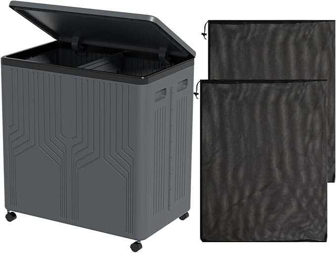 2 Section Collapsible Dirty Clothes Basket, 120 L Large Rolling Laundry Hamper with Lid, Plastic, Grey
