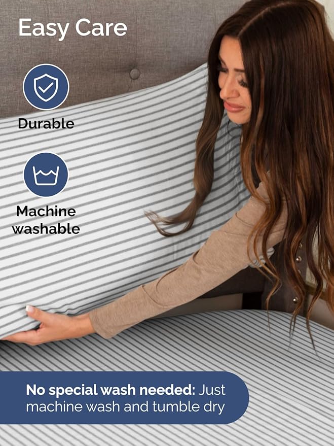Extra Deep Twin XL Sheet Set - 4 Piece Breathable and Cooling Sheets - Hotel Luxury Bed Sheets Set - Easy Fit - Soft, Wrinkle Free and Comfy Sheets Set - Grey Striped Sheet Set with Extra Deep Pockets