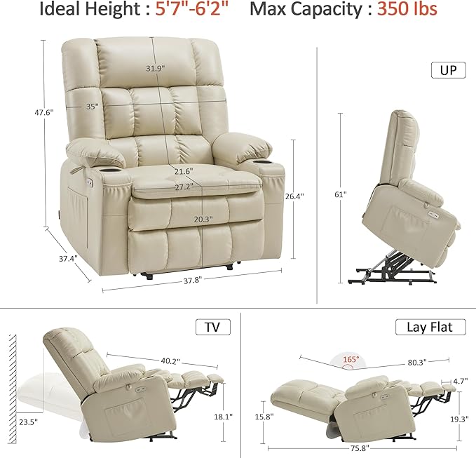 MCombo Dual Motor Power Lift Recliner Chair for Elderly, Lay Flat Lift Chair with Heat and Massage, Oversized Lift Recliner for Big and Tall, Faux Leather R7891 (Cream White, Oversized)