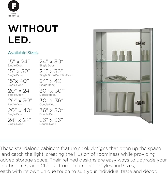 Fine Fixtures Bathroom Medicine Cabinet, Aluminum, Recessed/Surface Mount, Right/Left Hinged, Mirrored Interior (15 X 24)