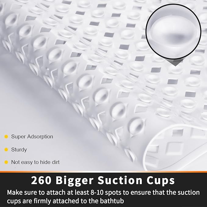 Yimobra Bathtub Mat Non Slip, Super Strong Suction Cups, 27.5"x15.5" Long Shower Mat with Drain Holes, Machine Washable Fast Draining Bath Mats, Bathroom Essentials,White