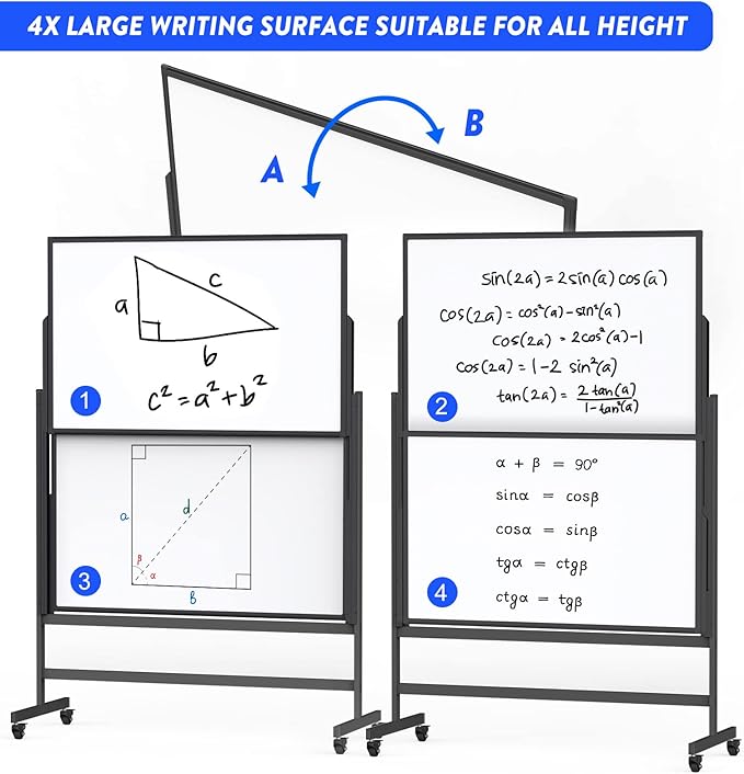 Double-Sided White Board on Wheels, 48x60 Inch (4'x5') Large Magnetic Mobile Dry Erase Board, Height Adjustable Stand Rolling Whiteboard for Office, Classroom, Home School Use, Black
