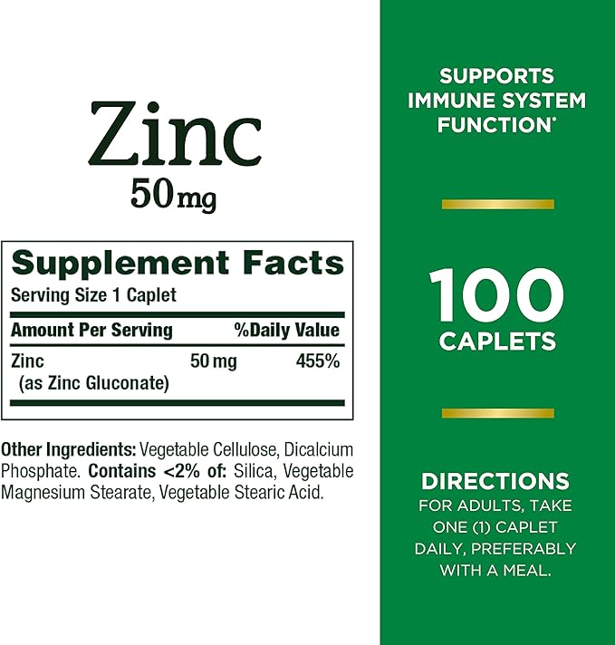 Nature’s Bounty Zinc 50mg | Immune System, Skin, & Antioxidant Health Support | Contributes to DNA Formation | Vegetarian, Non-GMO, Gluten Free | 100 Caplets, 1 Serving Per Day for Daily Health