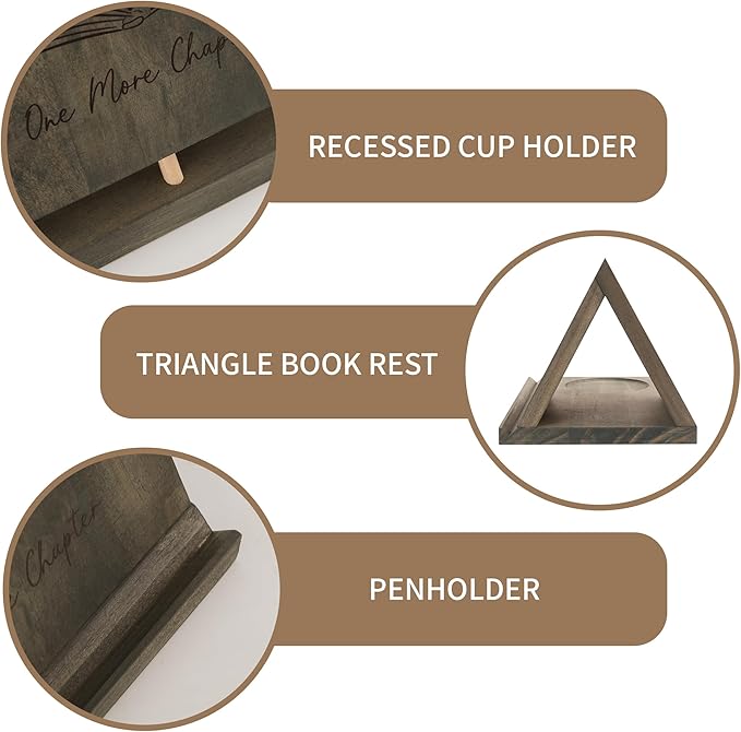 Wooden Book Holder with Drink Holder, Wooden Triangle Bookmark Reading Rest with Slotted, Book Display Bookmark Book Holder Decor for Coffee and Book Lover Gifts (Greenish Gray)