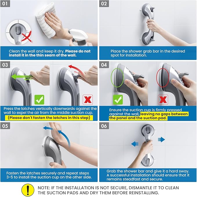 LEVERLOC Shower Grab Bar, 12 Inch Suction Grab Bars for Bathtubs, Shower Handle Handrail for Seniors Bathroom Safety Grip for Elderly, Heavy Duty No Drilling Removable,Silver