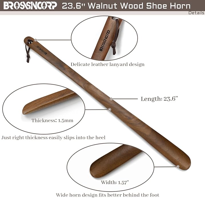 Wooden Shoe Horn Long Handle For Seniors 23.6" Easy Wear Helper Shoehorns Women Kids Baby Elderly Hanging Rings