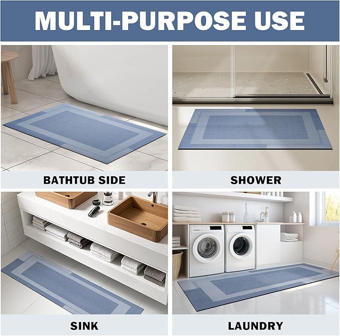 Non Slip Long Bath Mat Bathroom Runner, Rubber Backing Ultra Thin Bathroom Rugs Fit Under Door Quick Dry Super Absorbent Washable Bath Rug Shower Mat for Bathtub Sink Floor, Blue 17"x47"