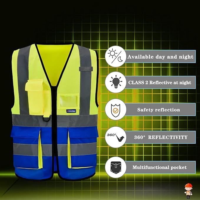 A-SAFETY High Visibility Safety Vest Reflective YELLOW BLUE Working Vest Yellow&Blue Color Mixed, M