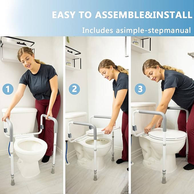 Toilet Safety Rails for Elderly Adults - Adjustable Bathroom Toilet Safety Frame with Handles - Stand Alone Toilet Grab Bar for Senior, Handicap & Disabled,Fits Most Toilets, White, TRX-8002