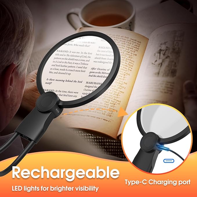IMICHI Large Magnifier with Light-Hands Free- 5.1 Inch 6X Magnifying Glass Suit for Large Hands/Pursuing a Wide View, Neck-Worn Magnifier for Seniors, Gifts Perfect for Reading, Sewing