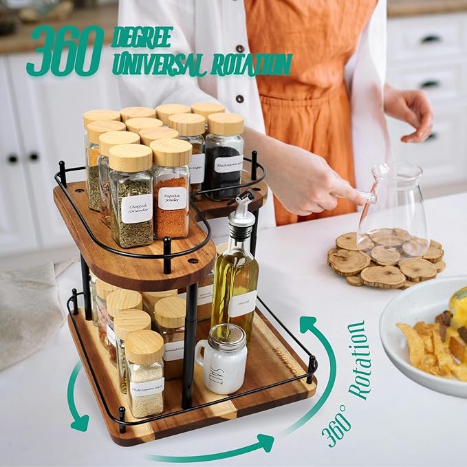Acacia Wooden Spice Rack Organizer Lazy Susans Rotating Countertop 2 Tiered Display Shelf Kitchen Adjustable Height Spinning Spice Rack 11.8INCH Large Capacity