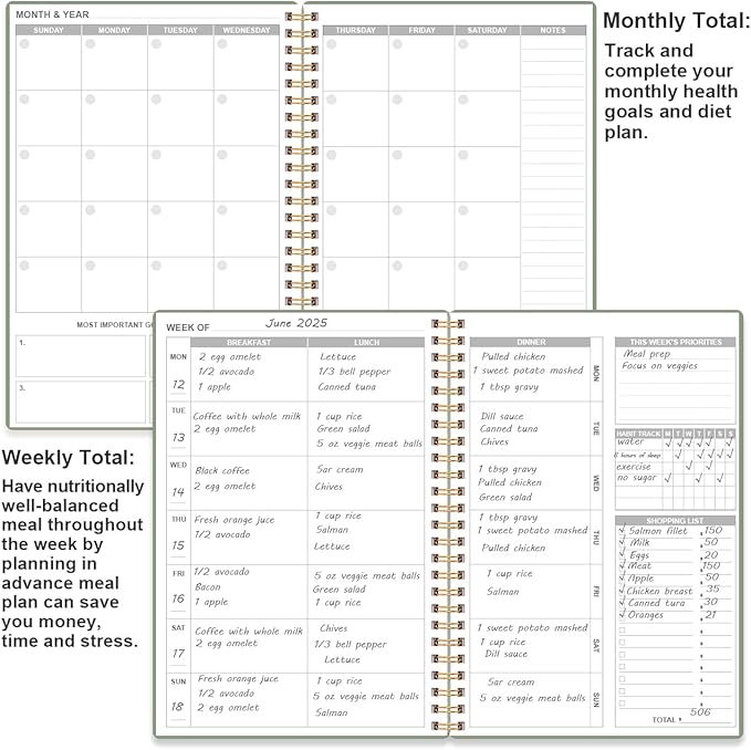 Weekly Meal Planner - A5 Weekly Meal Prep Journal with Shopping and Grocery Lists, 186 Pages Healthy Diet & Weight Loss Tracking, Undated, 52 Weeks, Lasts 1 Year, Green