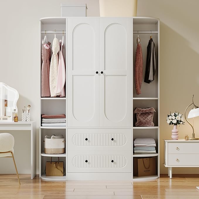 69” Fluted Large Capacity Storage Wardrobe Armoire, Wardrobe Armoire Wooden Closet with 2 Doors, 3 Hanging Rod Shelves, 2 Drawers & 6 Display Shelves, Bedroom Clothing Storage Cabinet White