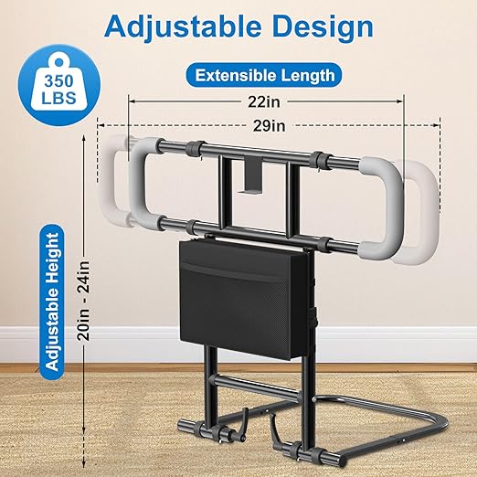 Seeutek Bed Rails for Elderly Adults Safety, Foldable Bed Assist Rails for Seniors, Adjustable Bed Side Rails with Safety Strap & Storage Pocket & LED Light, Fit Queen Twin King Beds
