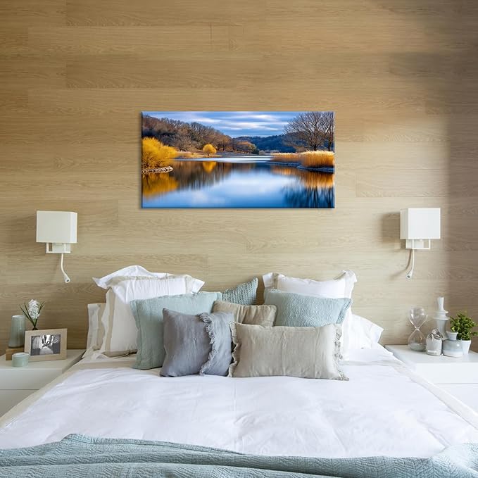 Beautiful Yellow Forest Park Wall Art for Living Room Office Calm Lake Blue Painting Prints Nature Autumn Canvas Artwork Over The Couch Bedroom Decor