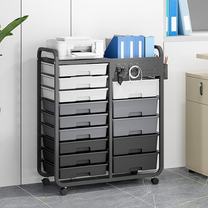 Rolling Storage Cart with Drawers, Storage Organizer Cart with Wheels and Wooden Tabletop,Utility Cart for Living Room, Classroom, Bedroom,Bathroom,Dorm,Office (Grey)