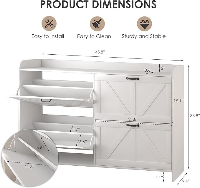 Shoe Cabinet with 4 Flip Drawers, Slim Narrow Shoe Storage Cabinet with Adjustable&Removable Shelves, Freestanding Wood Hidden Shoe Organizer for Entryway, Hallway (White)