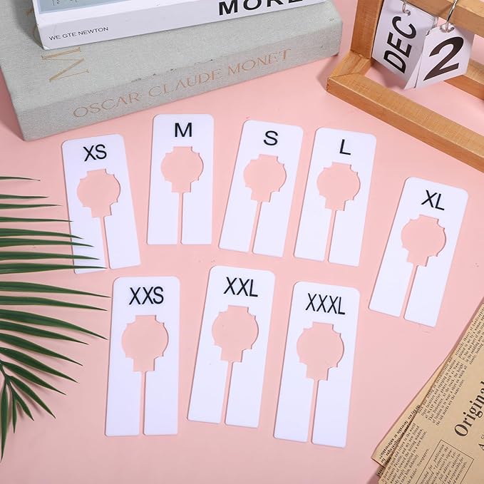 8 Pcs White Rectangular Size Separators Closet Dividers for Hanging Plastic Clothing Rack Dividers with Printed Sizes Clothing Rack Size Divider Reusable Closets Separators Label Preprinted in 8 Sizes