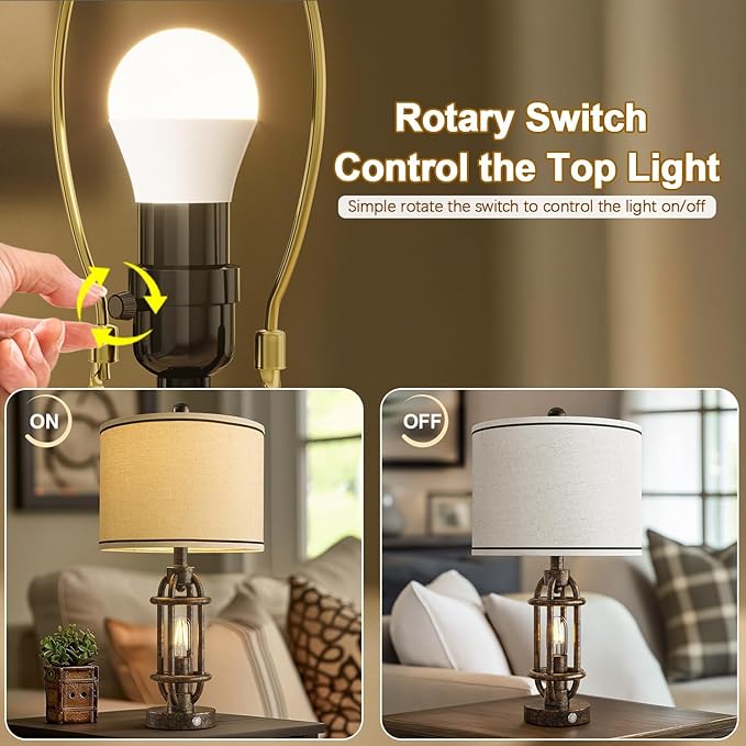 23.75'' Table Lamps Set of 2 for Living Room Bedroom Industrial Farmhouse Metal Touch Lamps with USB A+C Ports, Night Light Vintage Nightstand Bedside Lamp, Bulbs Included, Bronze
