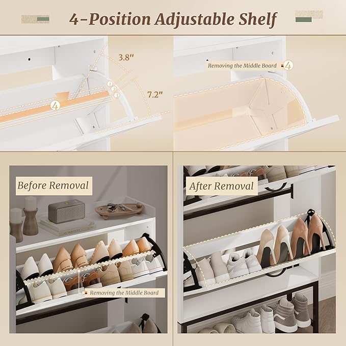 Narrow Shoe Storage Cabinet with 2 Flip Drawers & Adjustable Shelf for Entryway, Freestanding Hidden Slim Shoe Organizer Rack, White