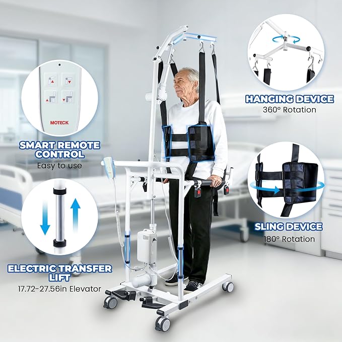 Patient Lift Transfer Chair, 5 in 1 Patient Lift Chair with 180°Split Seat, Height Adjustable Patient Transfer Chair with 4 Casters for Home Seniors Elderly, Load 450Lbs (Electric with Hanger, Silver)